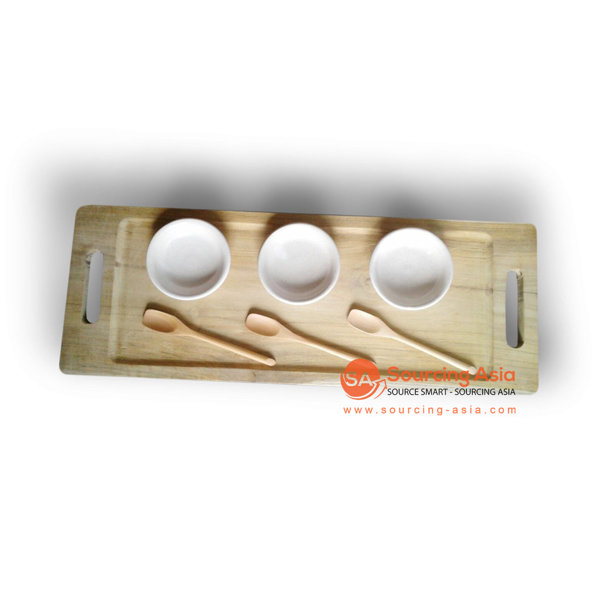 ABIAN001 NATURAL SONOKELING WOOD SPA TRAY WITH THREE BOWLS AND SPOONS