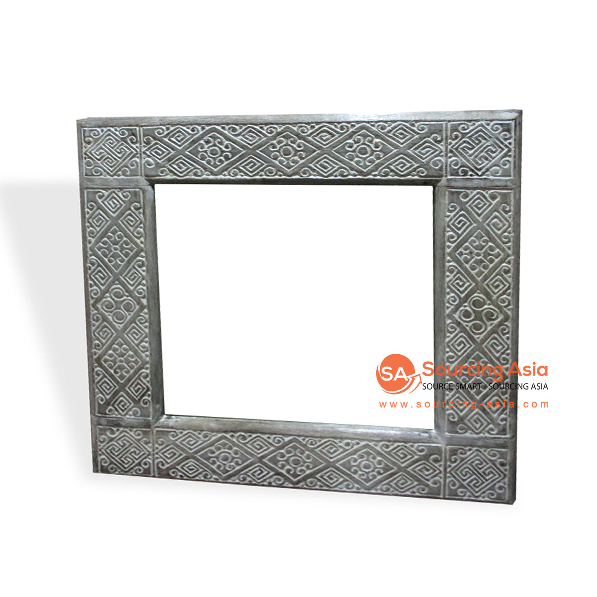 CDA002-3 WHITE WOODEN TRIBAL CARVED SQUARE MIRROR
