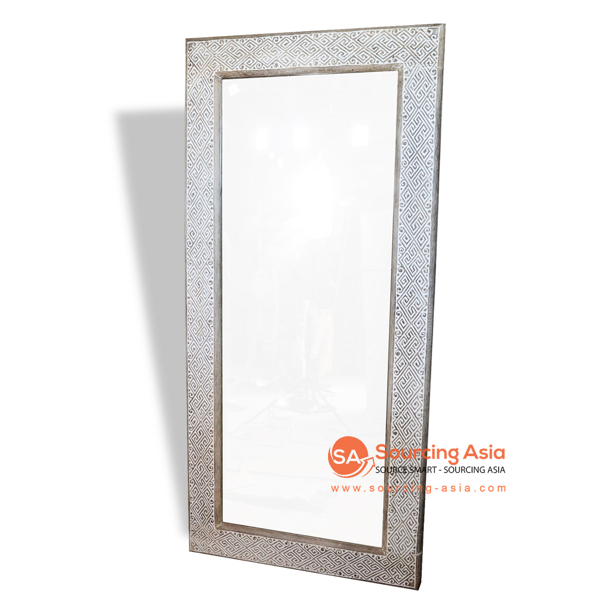 CDA025-2 WHITE WOODEN TRIBAL CARVED LONG RECTANGLE MIRROR