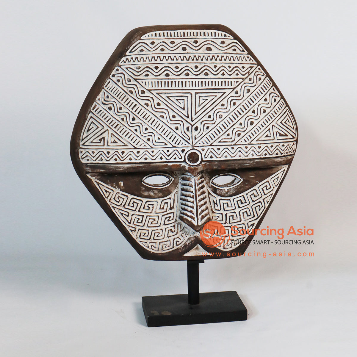 DG012 NATURAL AND WHITE WOODEN TRIBAL CARVED MASK ON STAND DECORATION