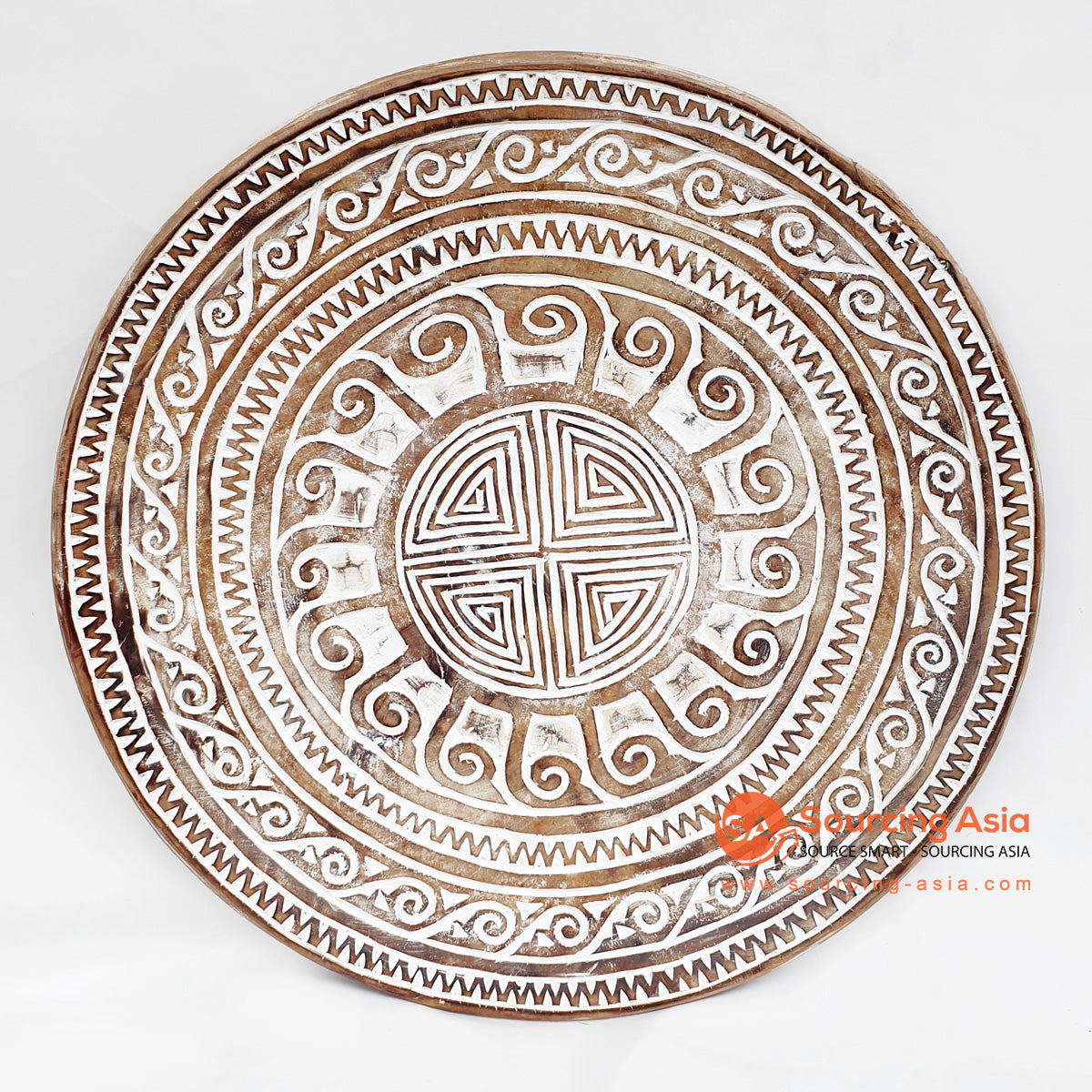 DGPC006-6 BROWN WASH SUAR WOOD TRIBAL CARVED ROUND PLATE WALL DECORATION