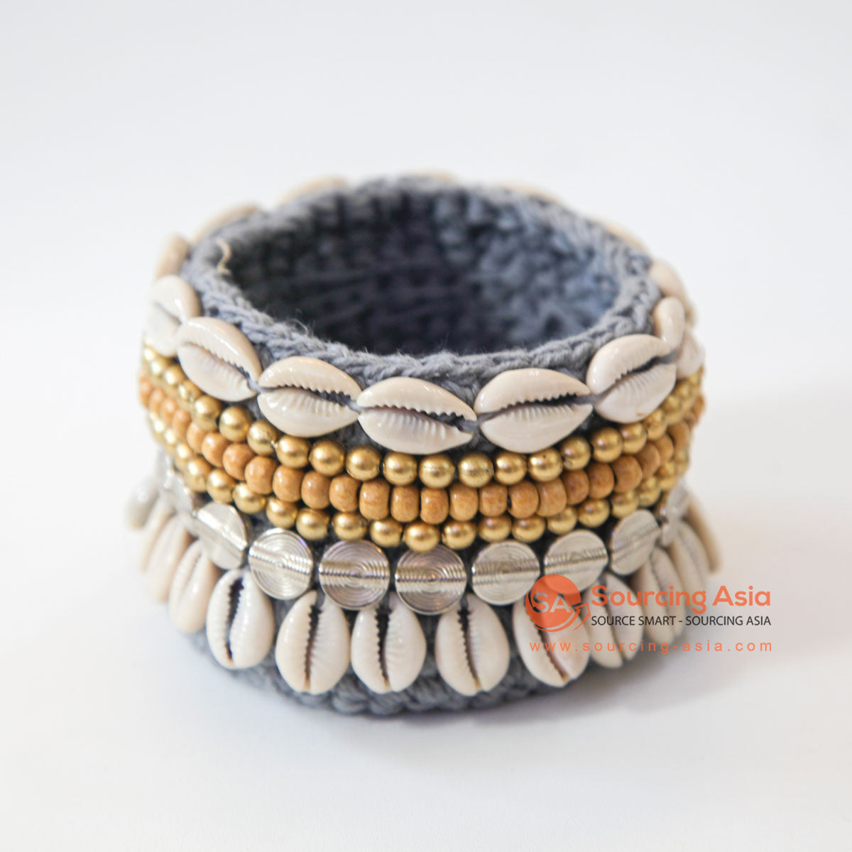DHL114 GREY AND BROWN MACRAME AND SHELL SMALL BASKET