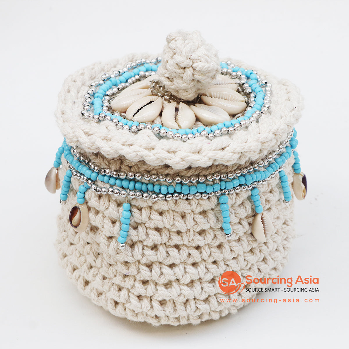 EXAC024-1 WHITE MACRAME TRINKET COIN HOLDER WITH SHELL AND BLUE BEADING
