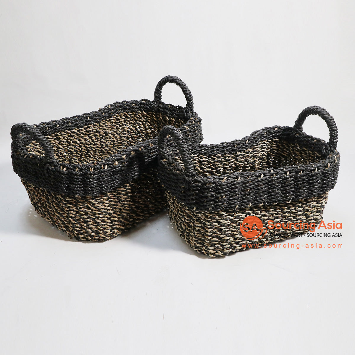 HBSC134 SET OF TWO NATURAL AND BLACK SEAGRASS BASKETS