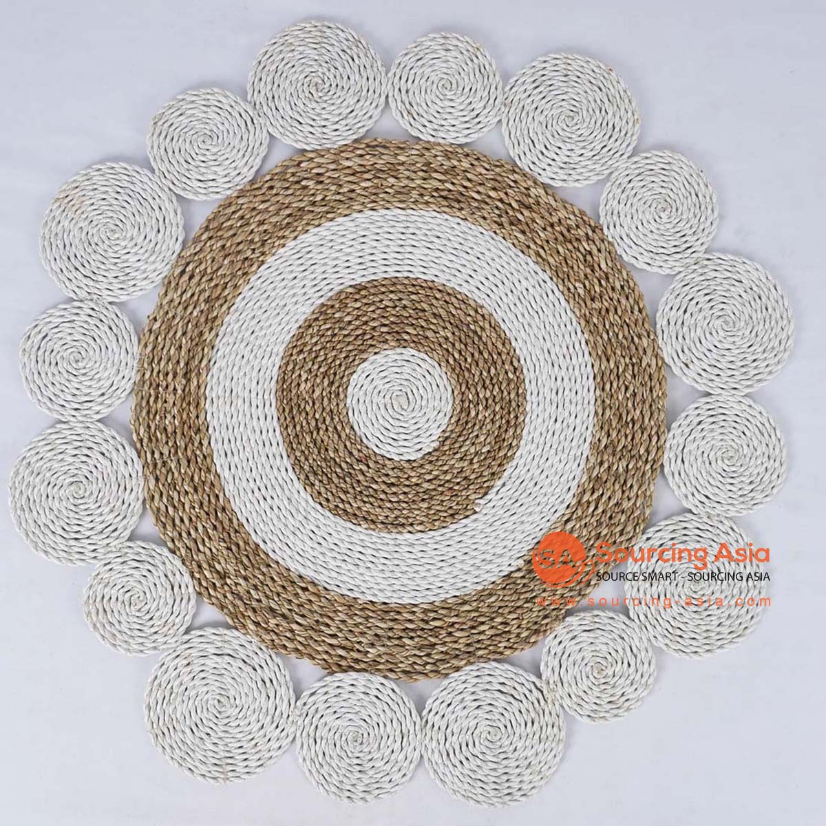 HBSC357 NATURAL AND WHITE SEAGRASS DECORATIVE ROUND RUG