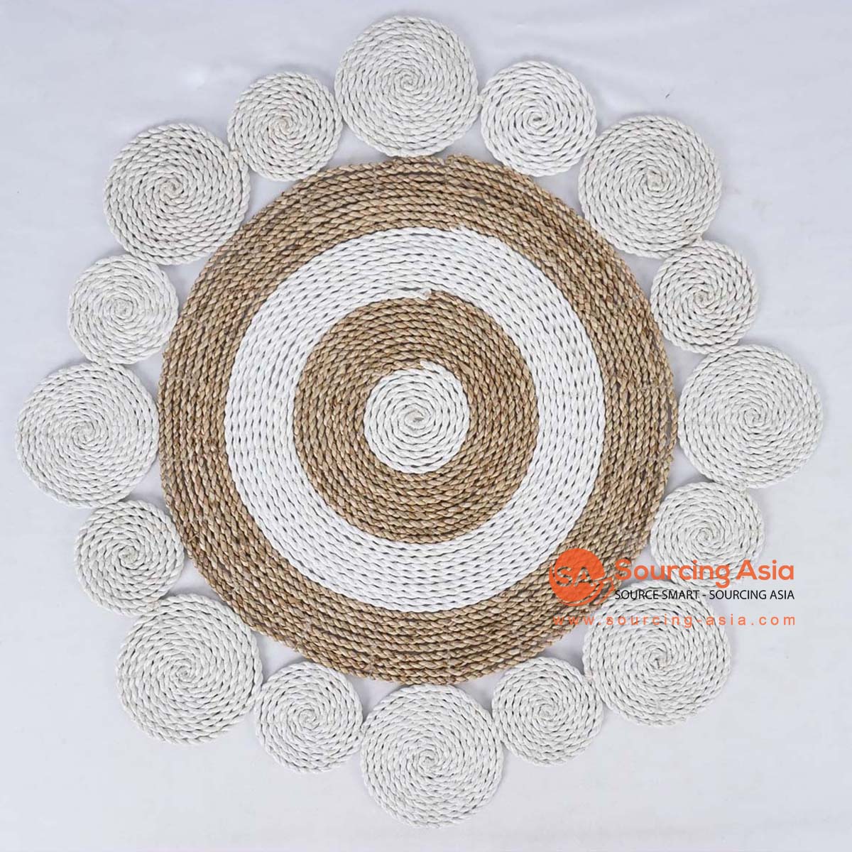 HBSC374 NATURAL SEAGRASS AND WHITE PLASTIC DECORATIVE ROUND RUG