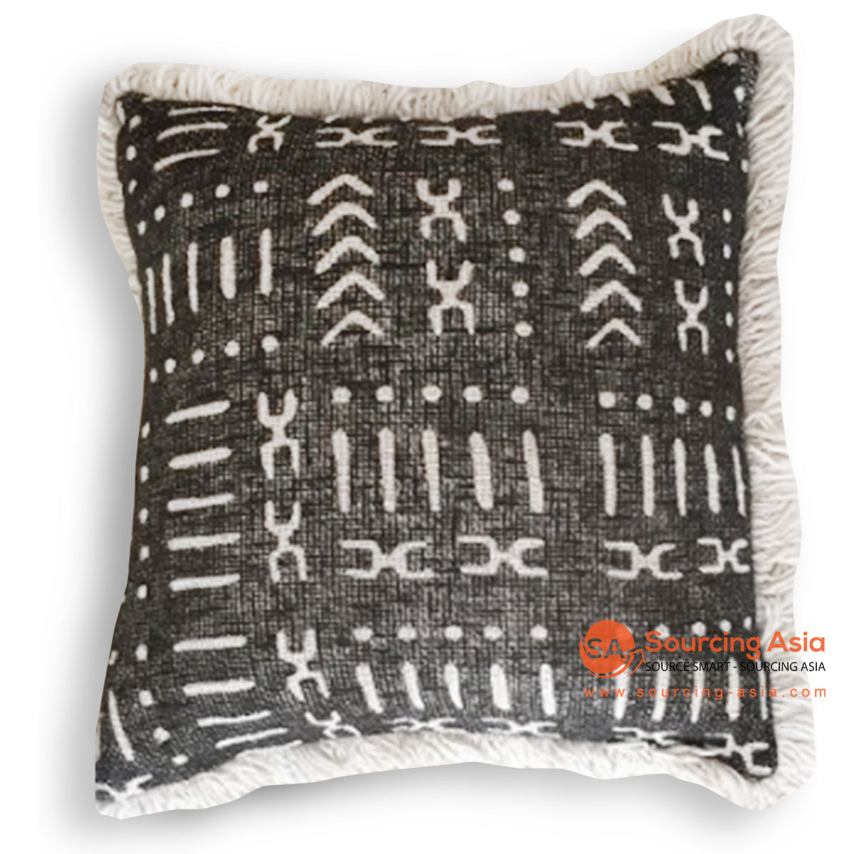 HIP027 BLACK FABRIC SCREEN PRINTED SQUARE CUSHION WITH EMBROIDERY AND FRINGE (PRICE WITHOUT INNER)