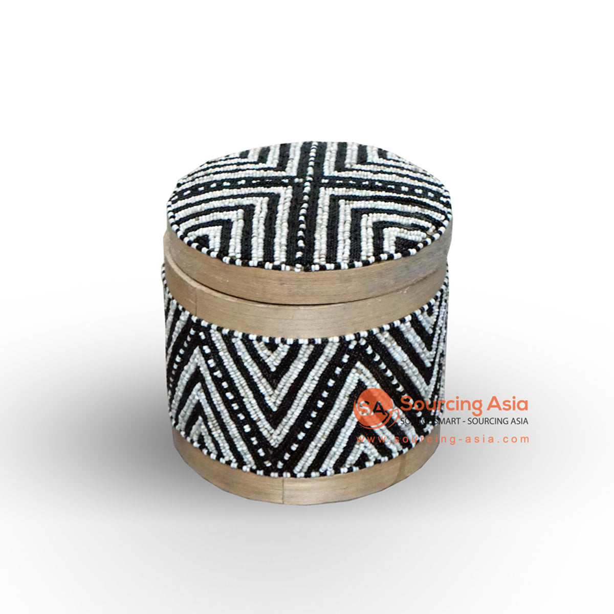 KHLV029-4 BLACK AND WHITE STRIPPED BEADED CONTAINER WITH NATURAL TRIM