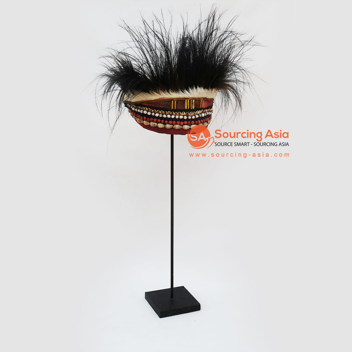 KNTC108 SHELL AND BLACK FEATHER COMBINATION PAPUA WEDDING CEREMONIAL HEADDRESS ON STAND DECORATION
