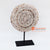 KNTC112 BROWN SUAR WOOD ROUND DISC ON STAND DECORATION WITH WHITE TRIBAL LINING