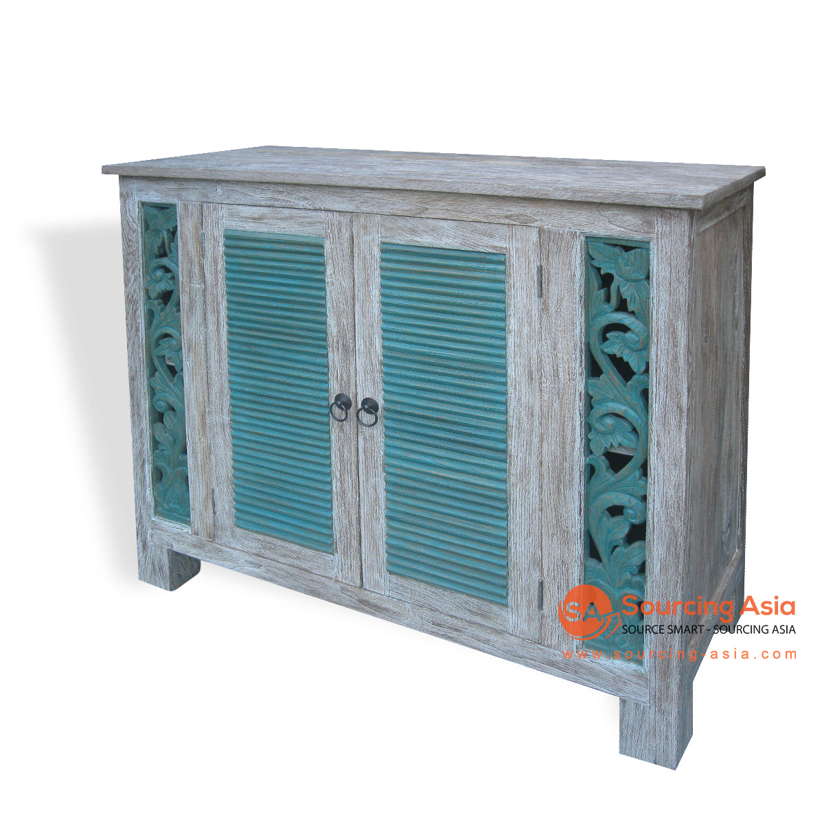 KYT50043 WHITE WASH RECYCLED TEAK WOOD TWO LOUVER DOORS CARVED CABINET