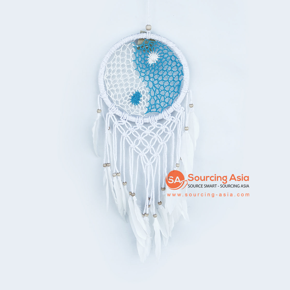 LINDC032-1 TURQUOISE AND WHITE YINYANG MACRAME DREAM CATCHER