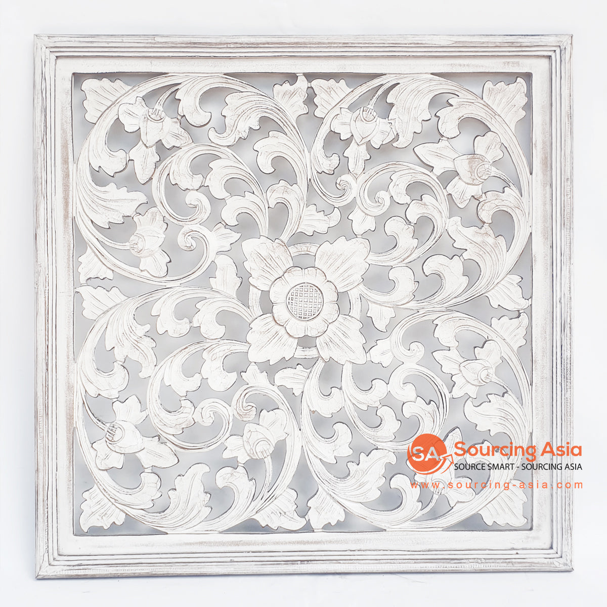 LUHC028 WHITE WASH WOODEN SQUARE FLOWER CARVED PANEL