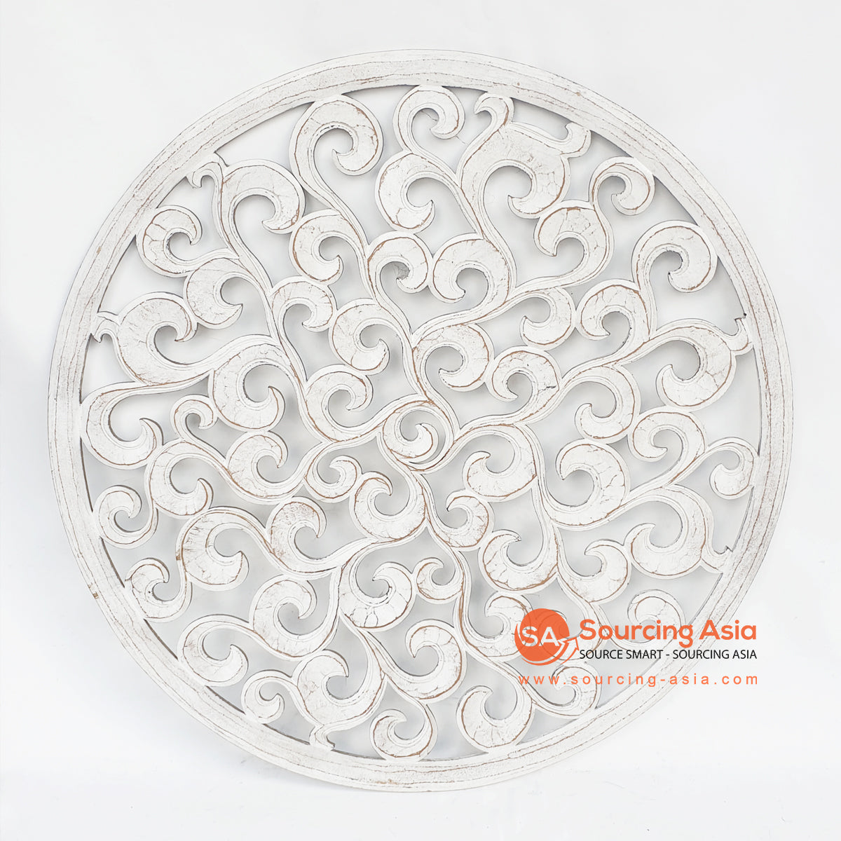 LUHC042 ANTIQUE WHITE WOODEN ROUND CARVED PANEL