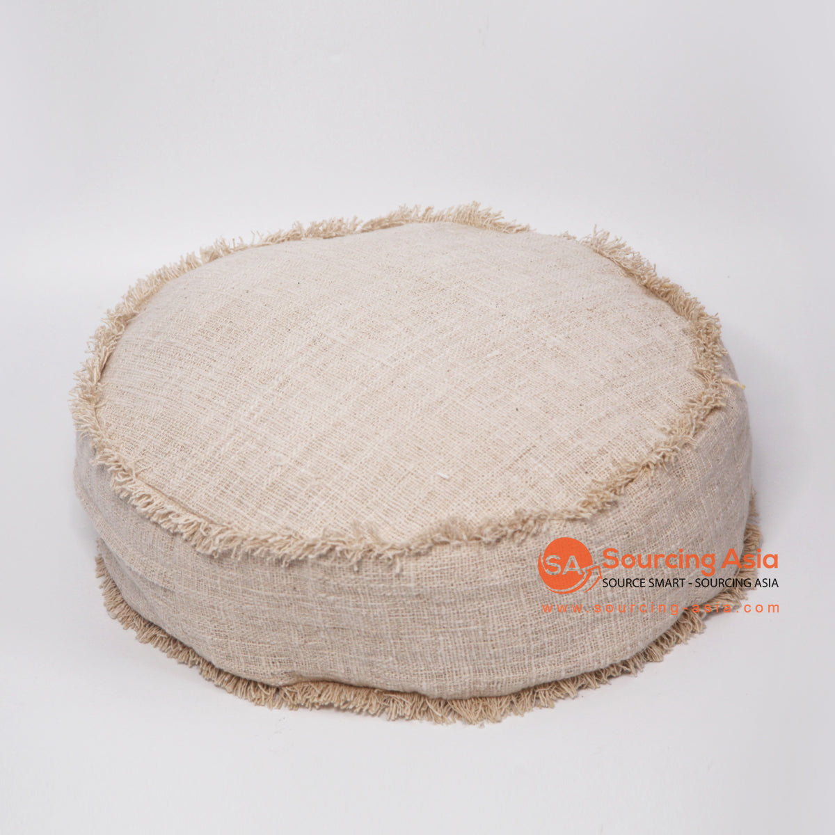 MAC049 NATURAL RAW COTTON ROUND POUFFE WITH FRINGE