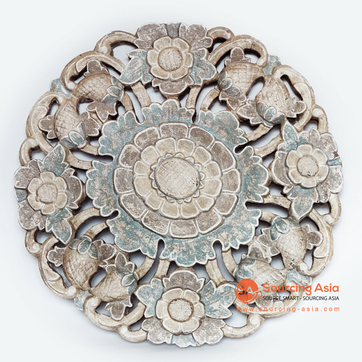 MANC010 MULTICOLOR WOODEN ROUND FLOWER CARVED PANEL