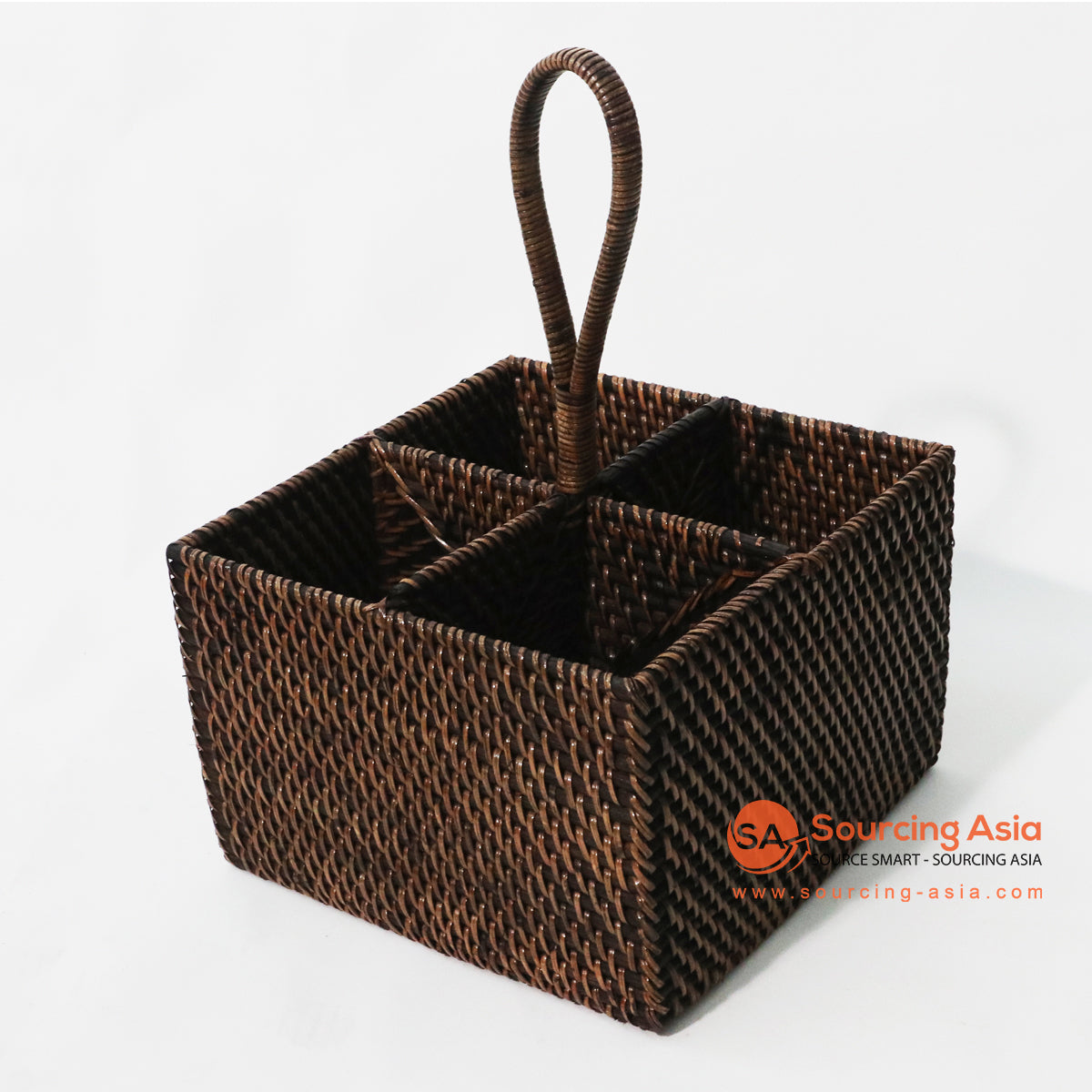 MTI120 DARK BROWN WOVEN RATTAN FOUR SLOTS SQUARE CUTLERY HOLDER WITH HANDLE