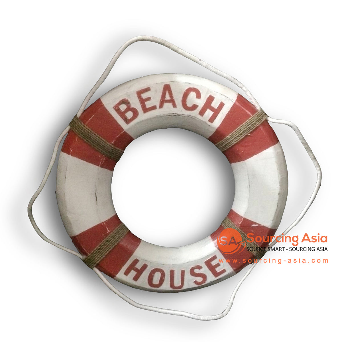 MTIB002 RED WOODEN BUOY RING WALL DECORATION WITH "BEACH HOUSE" SIGN