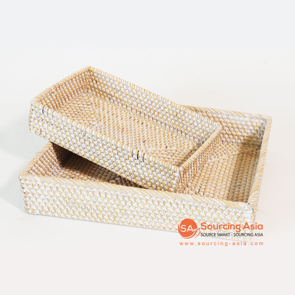 MTIC014 SET OF TWO WHITE WASH WOVEN RATTAN SQUARE TRAYS