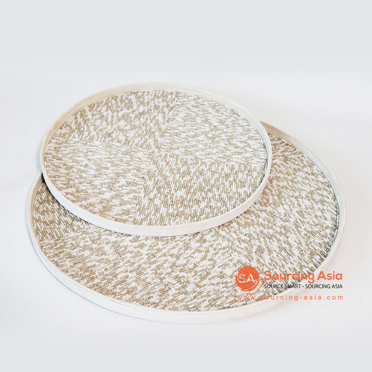MTIC052-2 SET OF TWO NATURAL BAMBOO AND WHITE BEADED TRAYS
