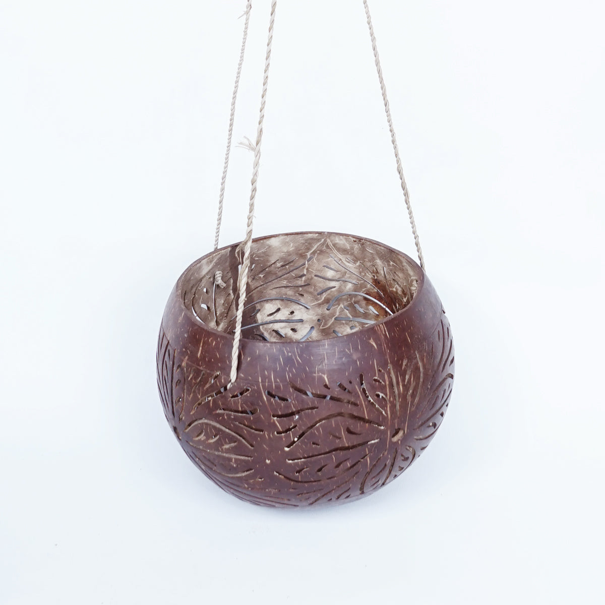 MULC041 NATURAL OLD COCONUT SHELL FLORAL CARVED HANGING BOWL