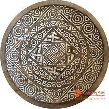 SHL059-11 WHITE WASH PALM WOOD DECORATIVE PLATE WALL DECORATION WITH TRIBAL CARVINGS