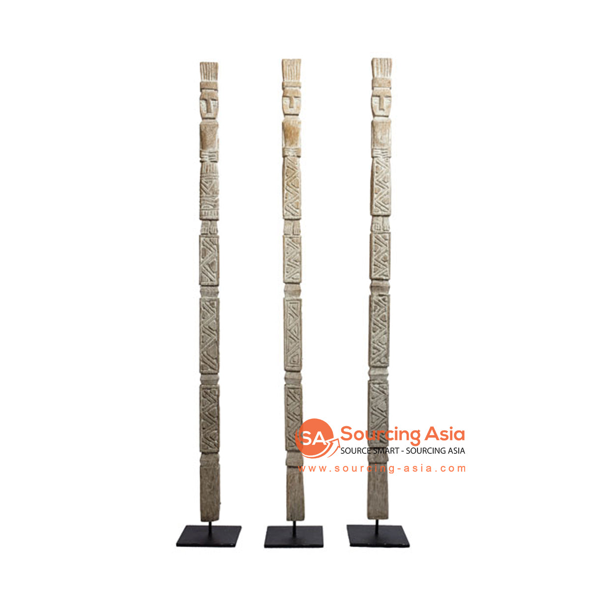SHL206-4 SET OF THREE WHITE WASH RECYCLED WOOD TRIBAL CARVED MAN STATUE ON STAND DECORATIONS
