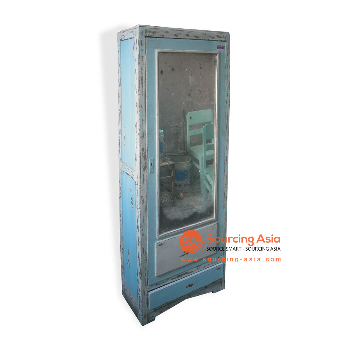 SIX022 ANTIQUE TURQUOISE RECYCLED TEAK WOOD OLD STYLE GLASS DOOR CABINET