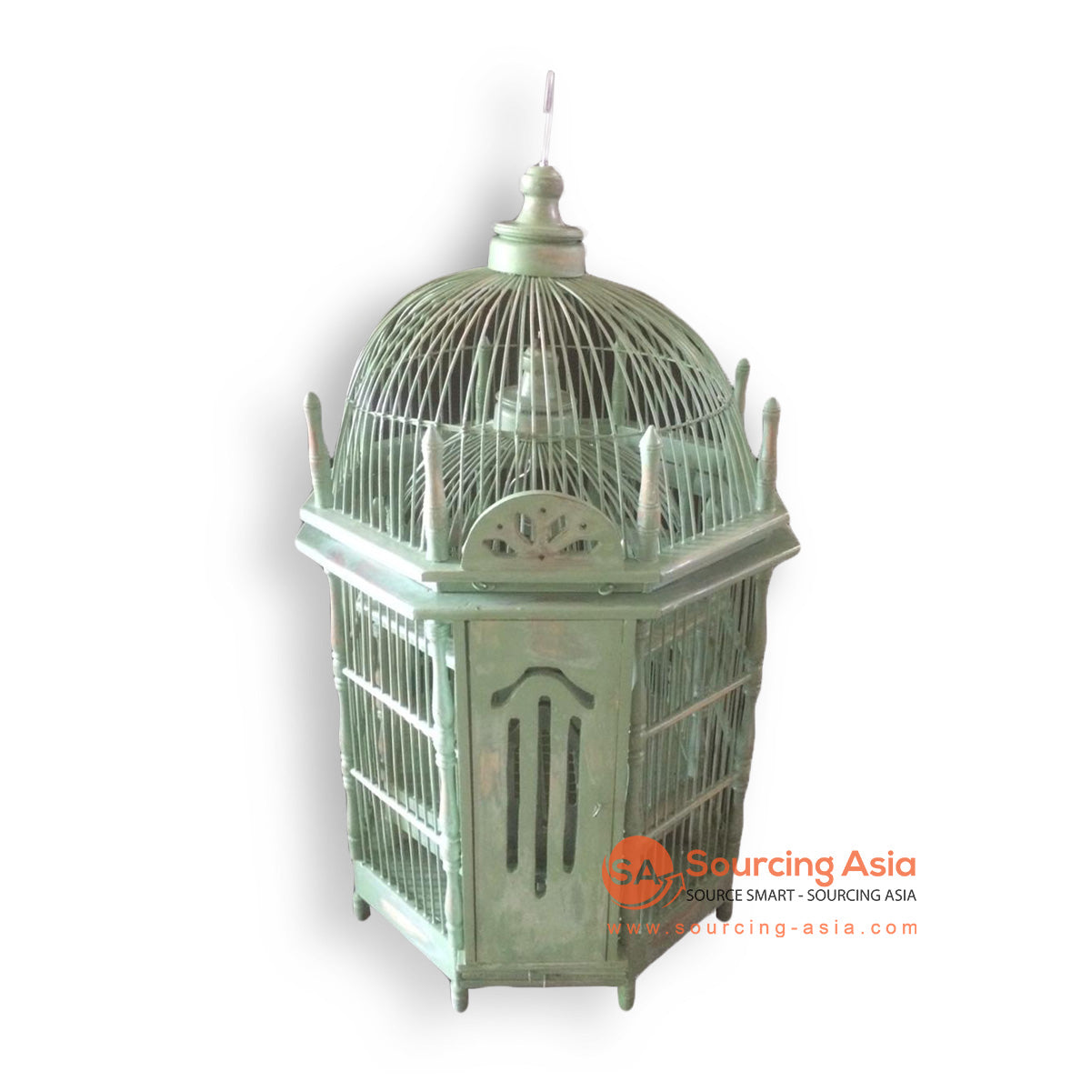 SM052-2 SET OF TWO GREEN WASH WOODEN BIRD CAGES