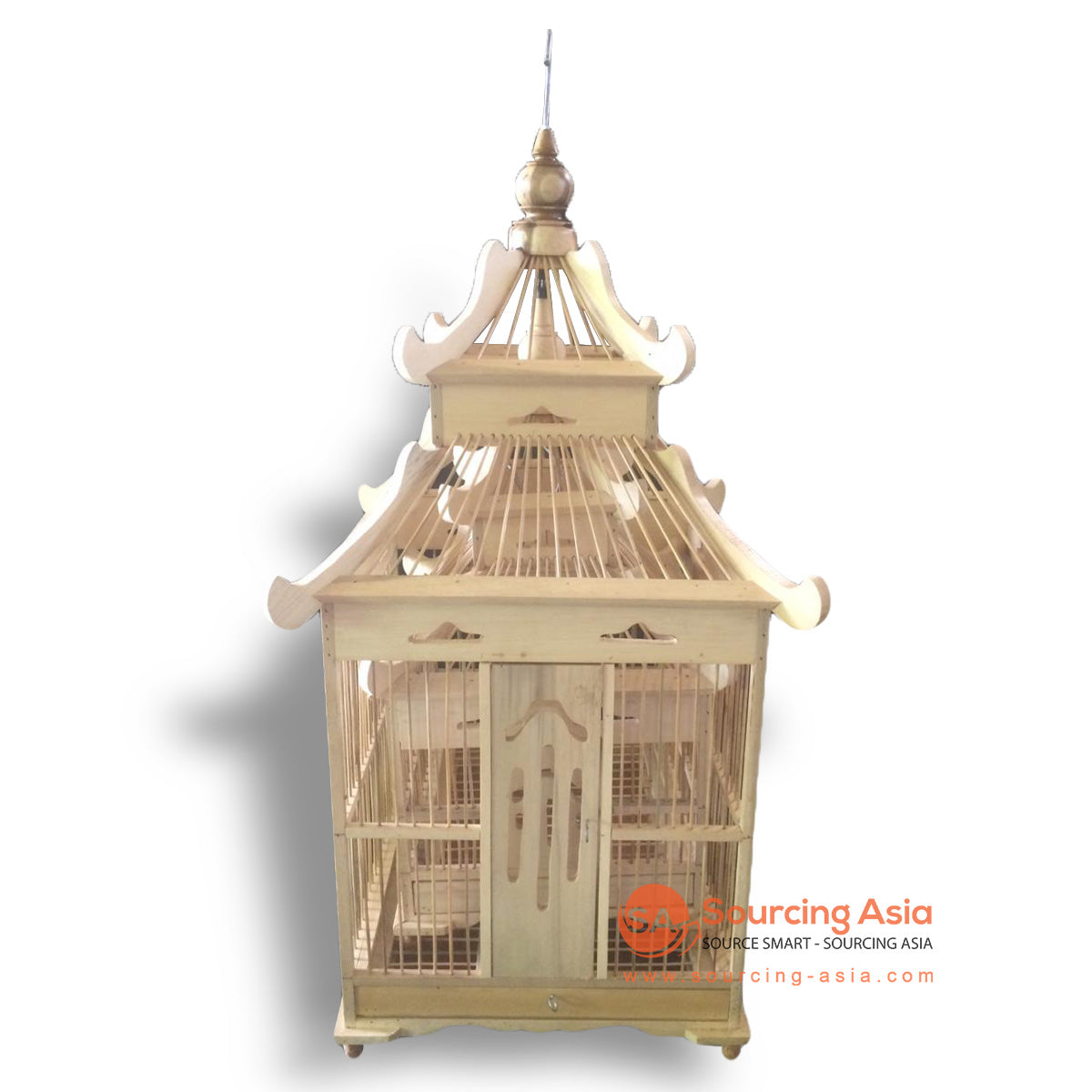 SM053-3 SET OF TWO NATURAL WOODEN BIRD CAGES WITH PAGODA SHAPE