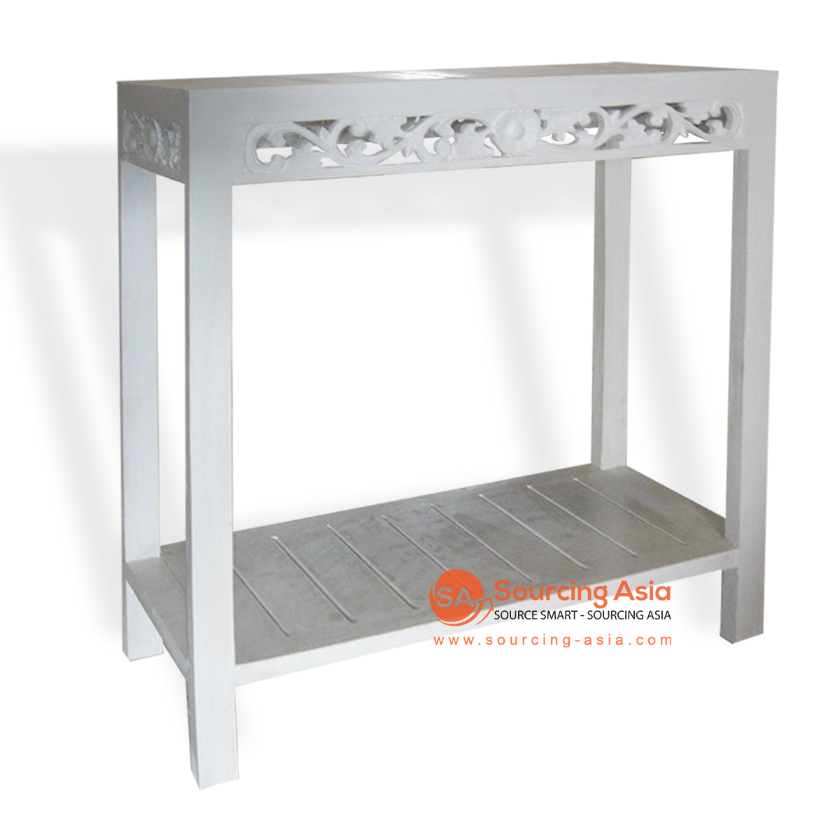 THE014 WHITE WASH WOODEN CONSOLE TABLE WITH CARVING