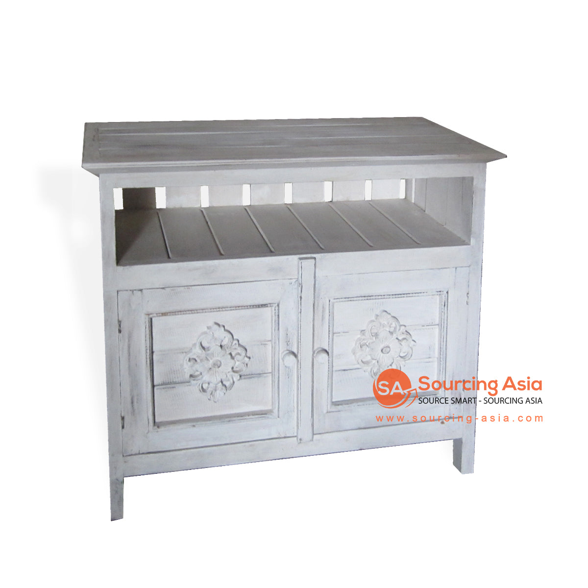 THE028 WHITE WASH WOODEN TV TABLE WITH A SHELF AND TWO CABINETS