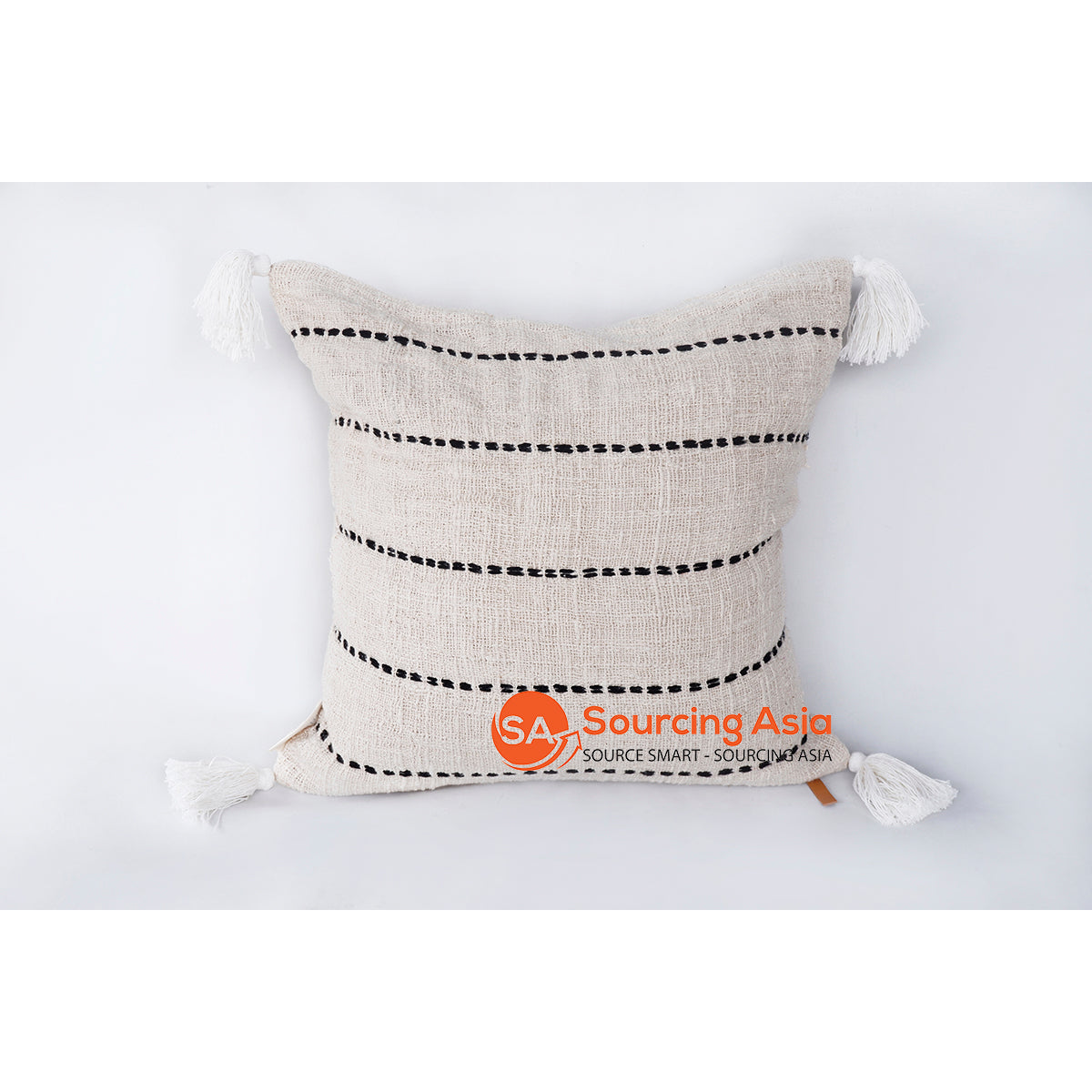 HIP031-4 NATURAL TUMANGGAL SQUARE COVER CUSHION 50X50CM WITH BLACK HAND-STITCHED AND TASSELS (PRICE WITHOUT INNER)