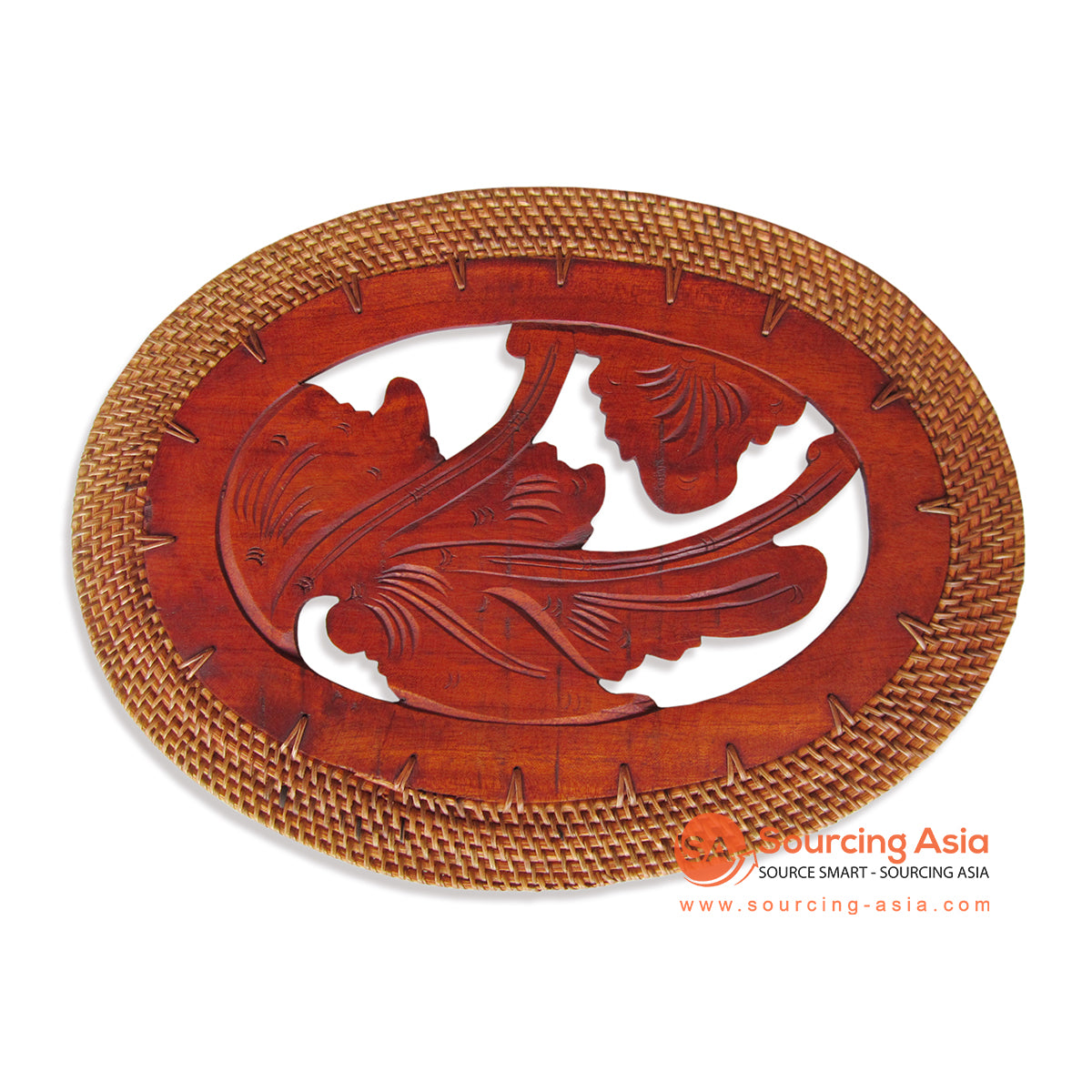ALI007O38 NATURAL RATTAN AND WOOD OVAL PLACEMAT WITH CARVINGS