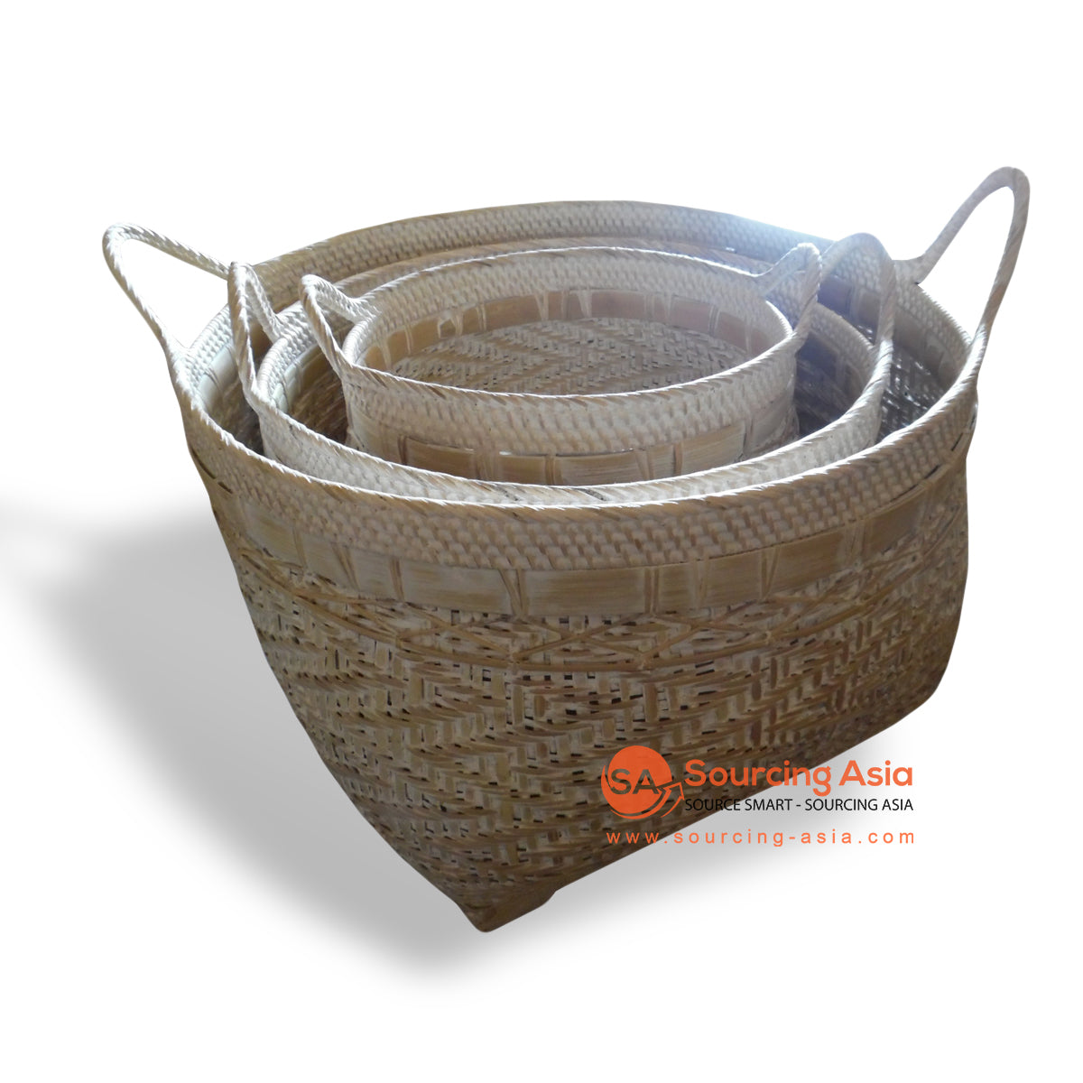 ALI050 SET OF THREE NATURAL WOVEN BAMBOO ROUND BASKETS WITH HANDLE