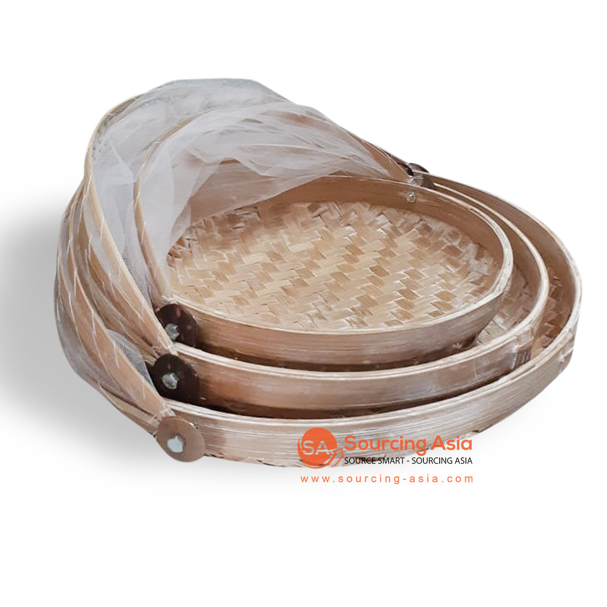 ALI068 SET OF THREE NATURAL BAMBOO TRAYS WITH FLY COVER