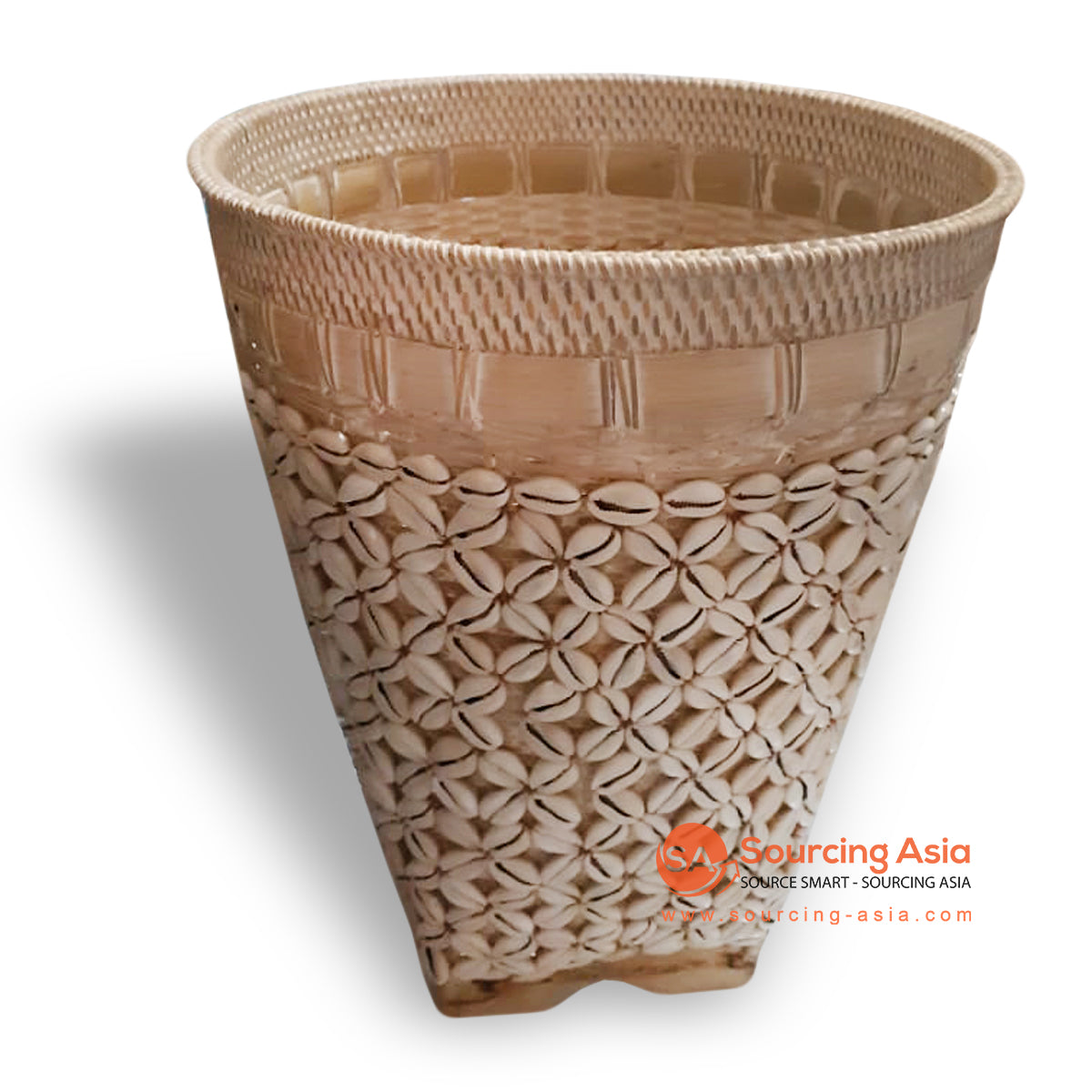 ALI072 NATURAL WOVEN RATTAN WASTE PAPER BASKET WITH SHELL ORNAMENT