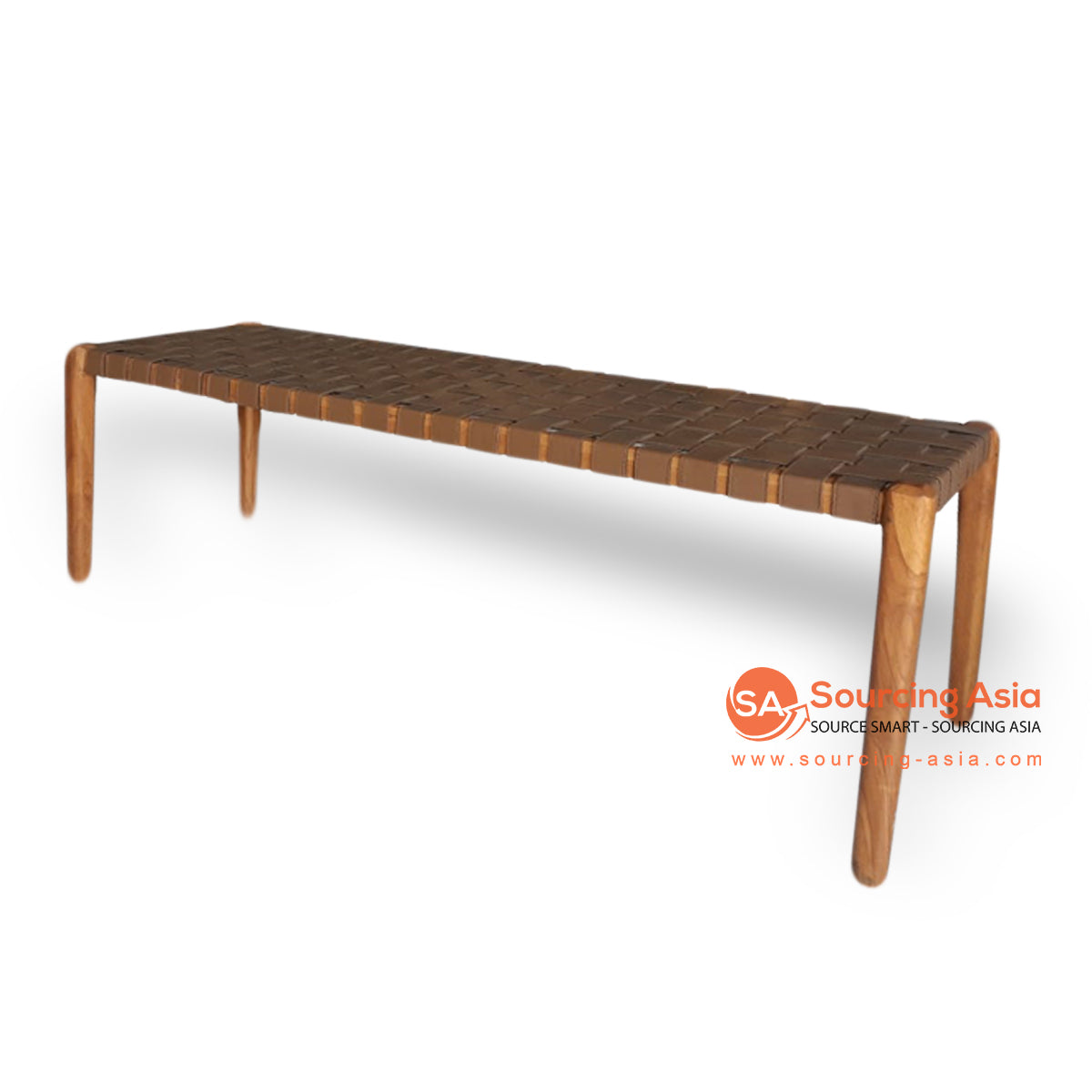 AOU001 BROWN TEAK WOOD AND WOVEN LEATHER BED END BENCH