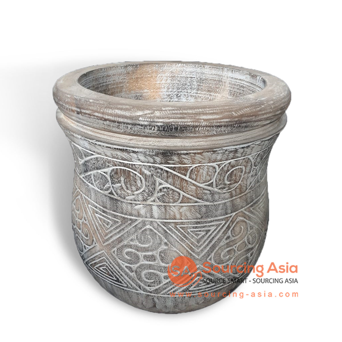 ATY005-1 WHITE WASH SUAR WOOD TRIBAL CARVED WOODEN POT
