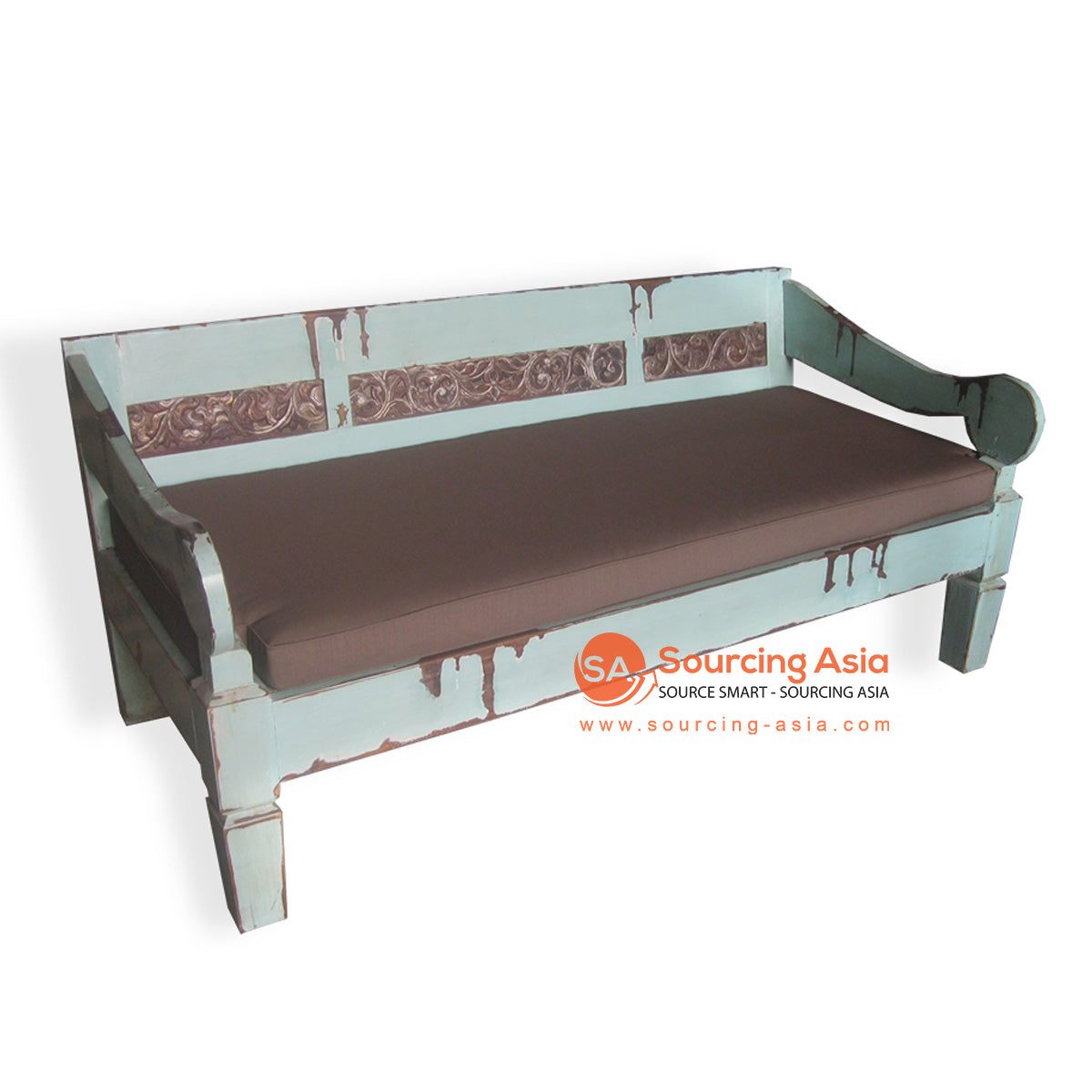 AYA001-SP2 ANTIQUE WHITE RECYCLED TEAK WOOD DAYBED WITH OLD CARVED PANEL