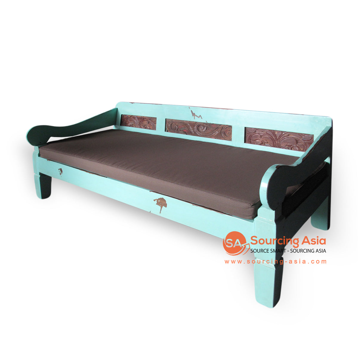 AYA001-SP4 ANTIQUE GREEN RECYCLED WOOD CARVED DAYBED WITH OLD CARVED PANEL (PRICE WITHOUT CUSHION)