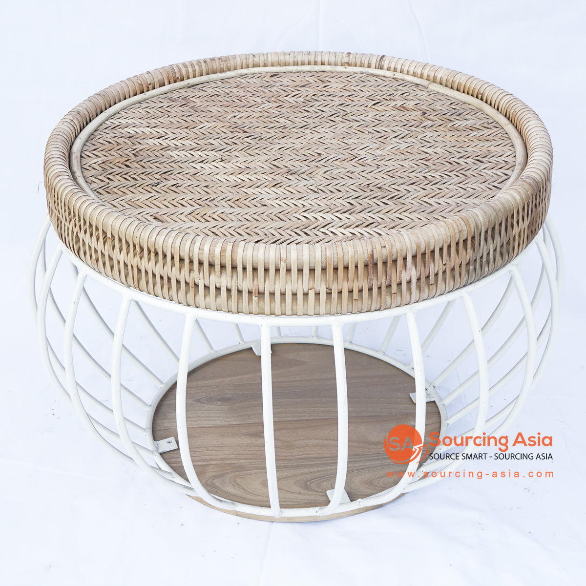 BNTC005-6 NATURAL RATTAN ROUND COFFEE TABLE WITH WHITE METAL BASE