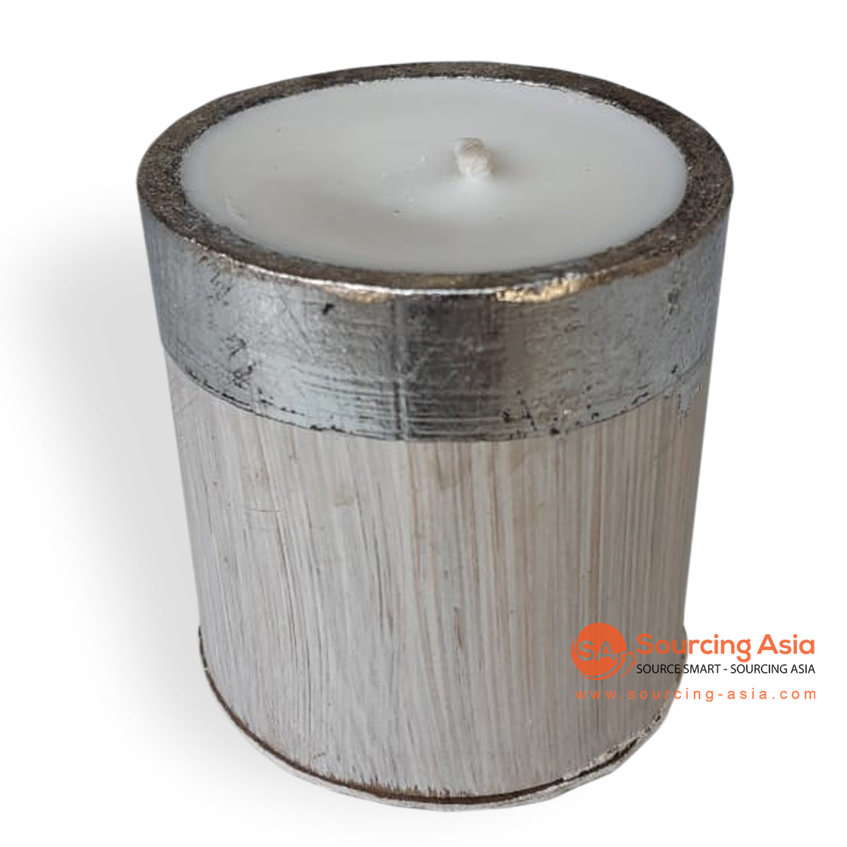 BSC017-2 WHITE WASH BAMBOO WOOD CANDLE WITH SILVER EDGE
