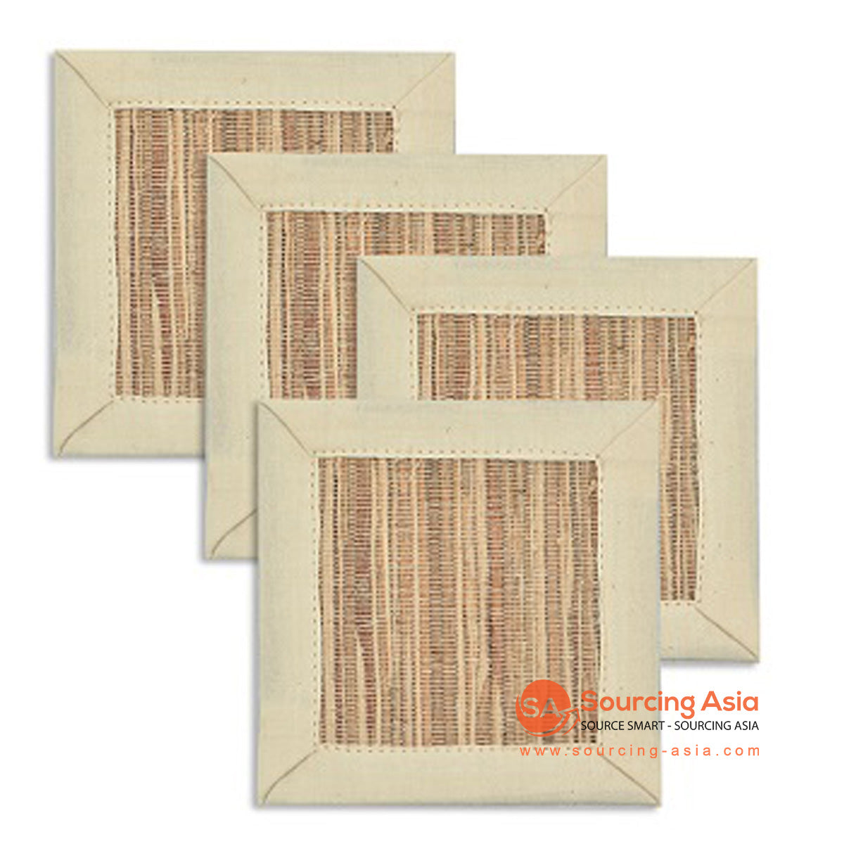 BZN001-1 SET OF FOUR WATER HYACINTH AND CREAM COTTON COASTERS