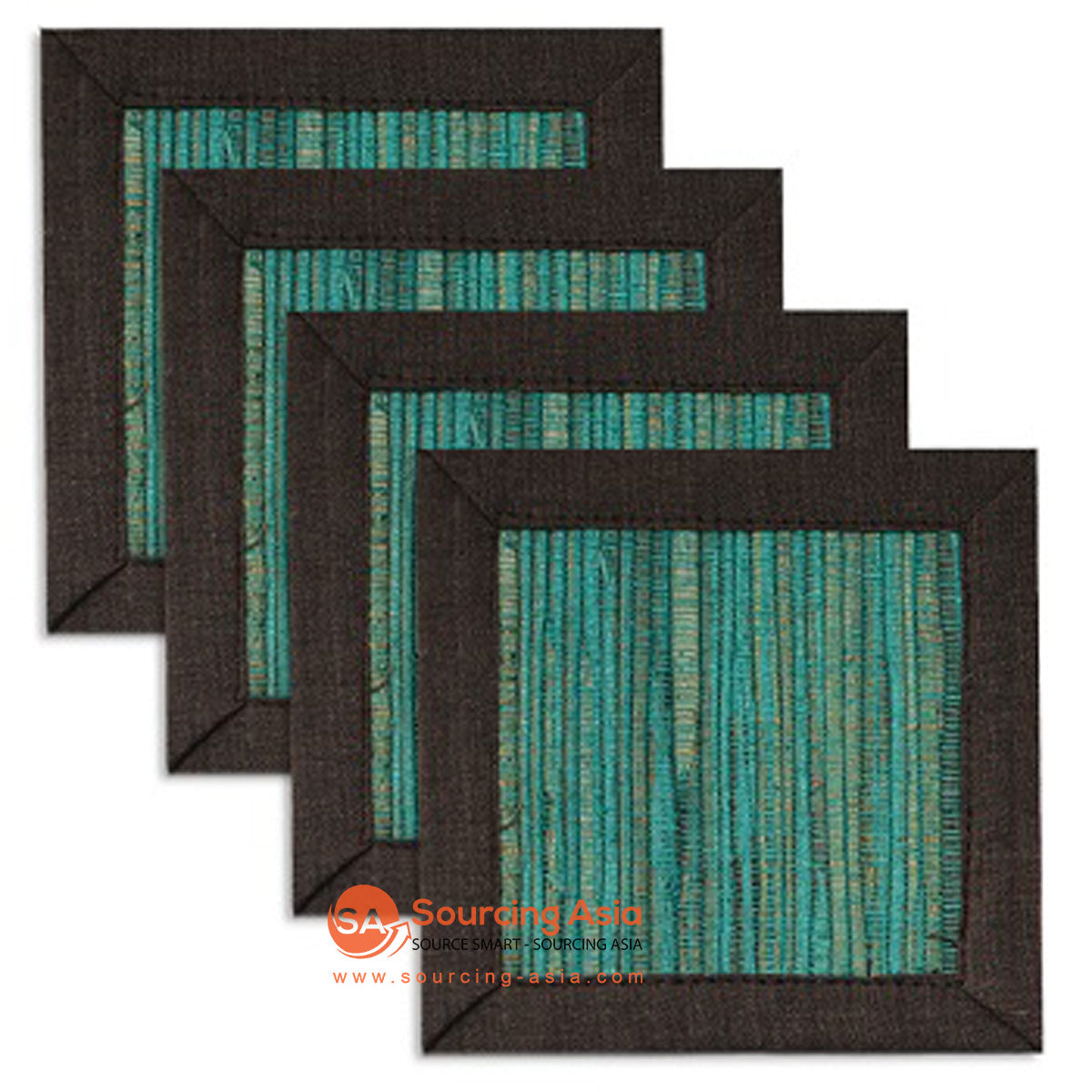 BZN001-3 SET OF FOUR BLUE WATER HYACINTH AND BLACK COTTON COASTERS