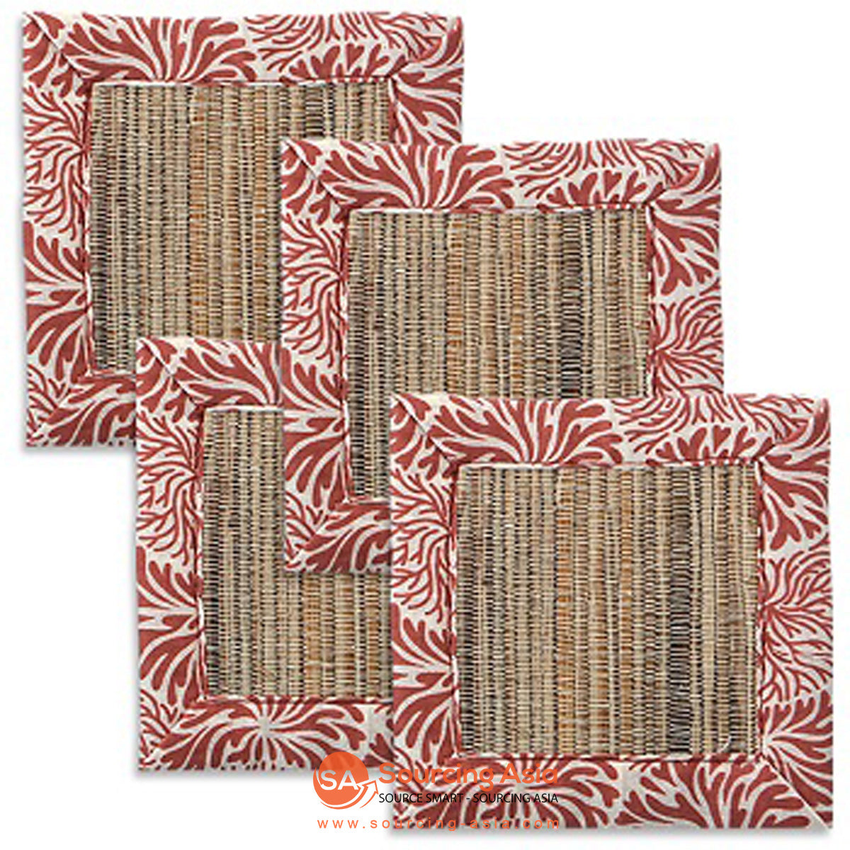 BZN008-1 SET OF FOUR WATER HYACINTH WITH CORAL PRINTED COTTON COASTERS