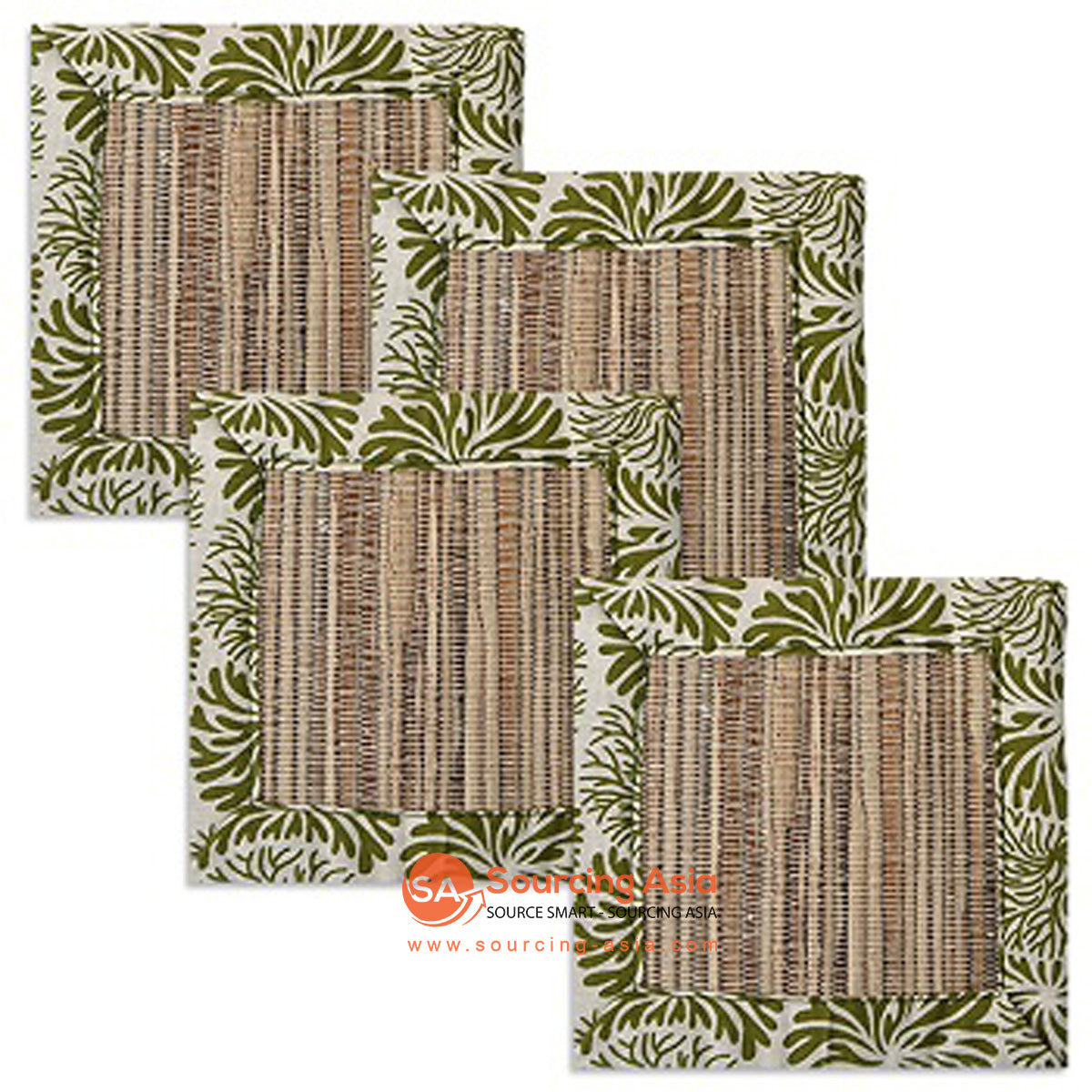BZN008 SET OF FOUR AVOCADO WATER HYACINTH WITH PRINTED COTTON COASTERS