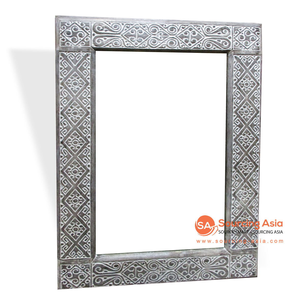 CDA003-3 WHITE WASH WOODEN TRIBAL CARVED RECTANGLE MIRROR