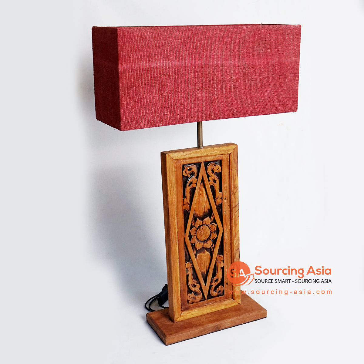 CHKC019 NATURAL TEAK WOOD DECORATIVE CARVED TABLE LAMP WITH SQUARE RED SHADE