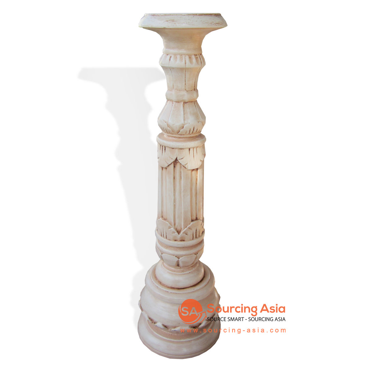 CHWD045-50 CREAM WOODEN CARVED CANDLE HOLDER